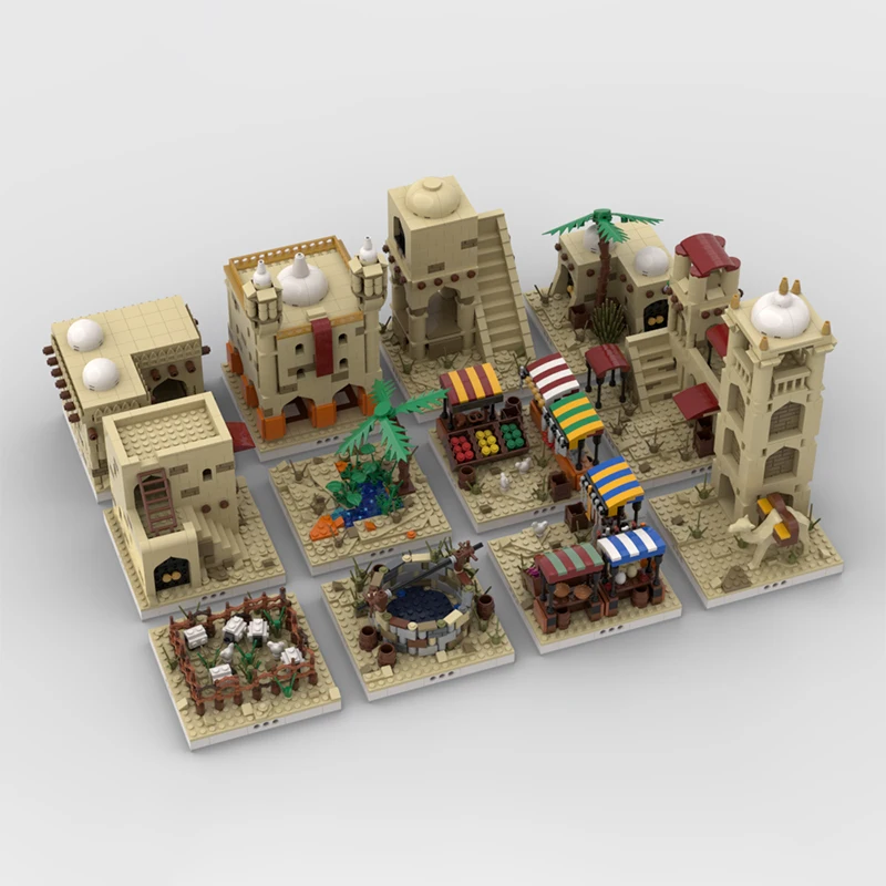 8863PCS Desert Village MOC DIY-modelbouwstenen – modulaire handelspaal met 20 structuur en kameelstal