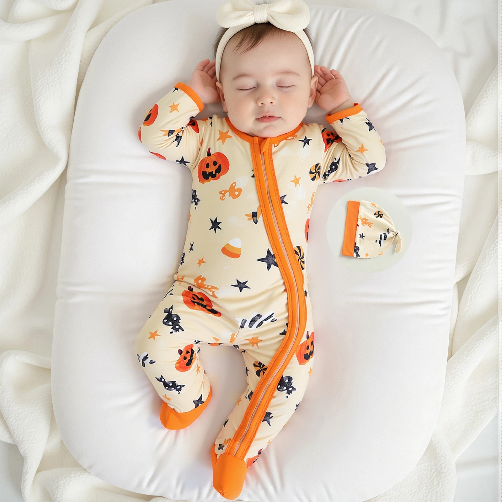

Baby Autumn Clothes Boy Halloween Outfit Pumpkin Zip-up Footed Romper and Knot Hat 2 Piece Newborn Fall Set