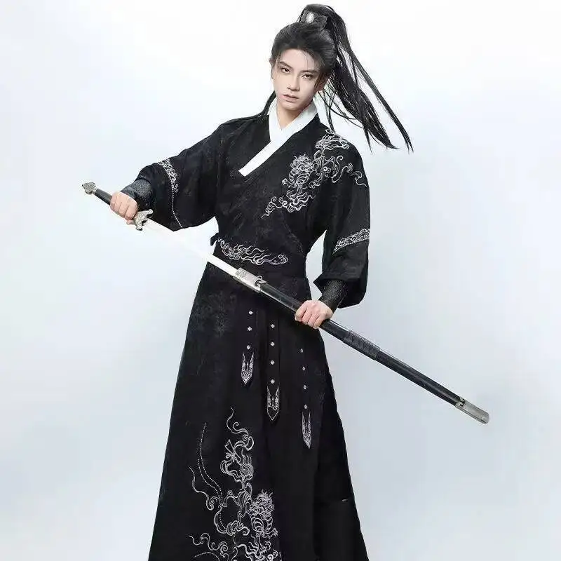 

Lucky Cool Kylin Hanfu Dark Black Men's Traditional Embroidery Costume Swordsman Cosplay Stage Suit Carnival Event Male Outfits