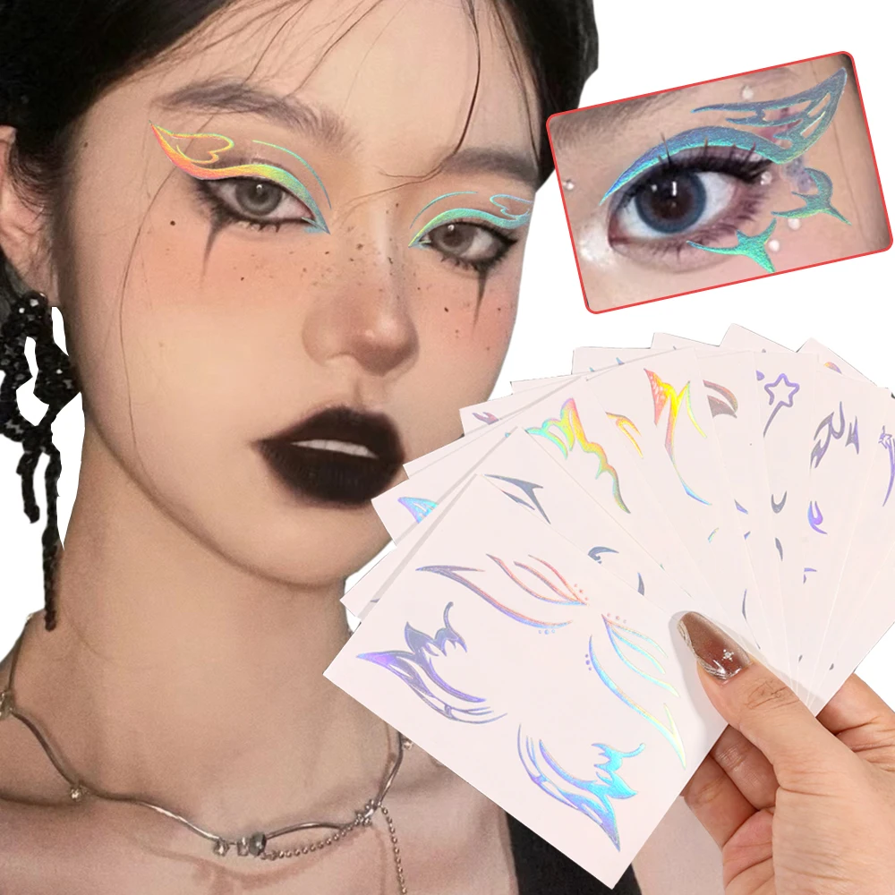 10pc Random Styles Laser Eye Tattoos Colorful Waterproof Temporary Eye Art Makeup 3D Realistic Glitter Laser Face Tattoo Sticker