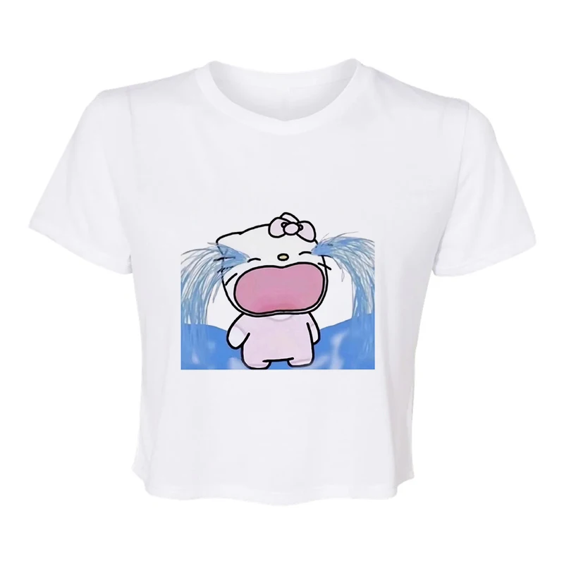 Hello Kittys Cry Y2k Women T-shirt Funny Print Baby Tee Anime Kawaii Clothes Crop Tops Streetwear Women Summer Short Sleeve Tops