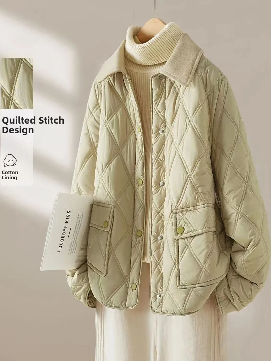 Loose Fit Thiened Cotton Jaet Dames Winter Faionable Warm Gewatteerde Jas Turn-down Kraag Diamantpatroon Bovenkleding