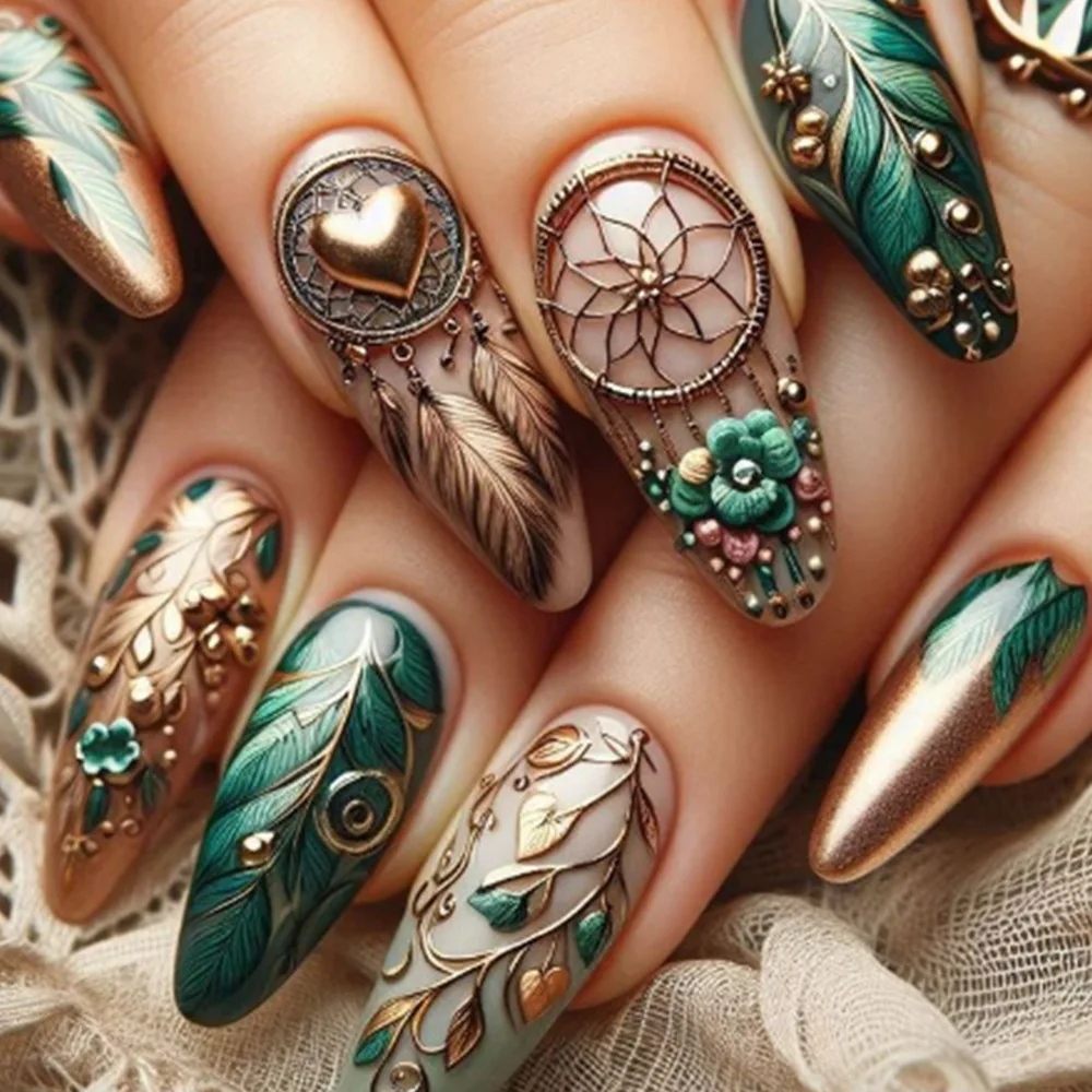 

24Pcs Long Almond Press on Nails - Vintage Embossed Feathers with Gold Hearts, Green Flowers and Golden Leaves