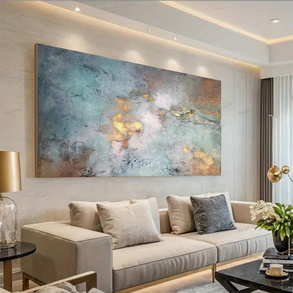 

Nordic Wall Picture For Living Room Gold Canvas Poster 100% Hand-painted Abstract Oil Painting Blue Diagram Home Decor Image Art