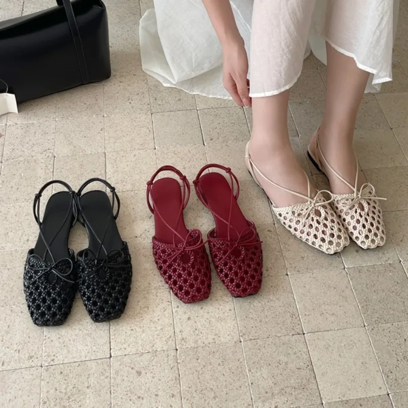 

Aneikeh High Quality Woven Hollow Slingback Flats Square Toe Sandals Thin Ankle Strap Slip on Summer Beach Ladies Dress Shoes