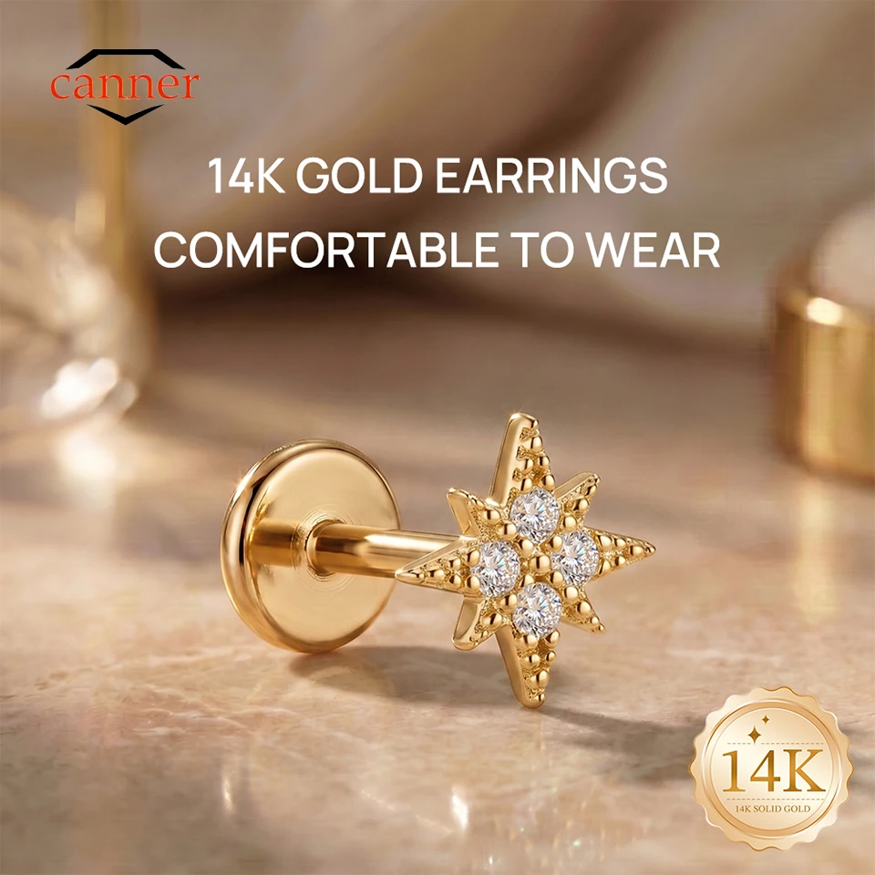 CANNER 1PC 14K Solid Gold Eight-pointed Star CZ G23 Titanium Flat Back Piercing Ear Bone For Women Hypoallergenic Luxury Earring