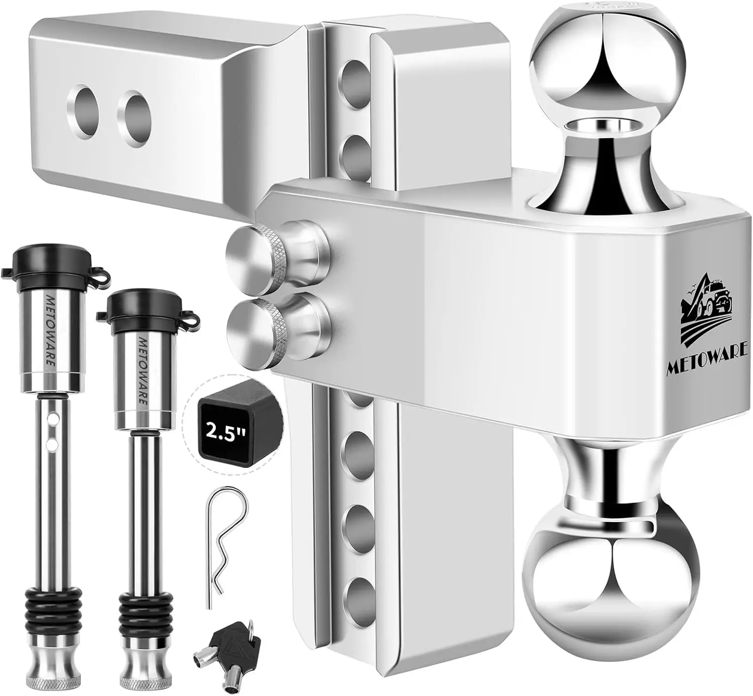 

Регулируемый алюминиевый сцепь прицепа, приемник 2,5 дюйма, падение/подъемность 6 футов, GTW 18 000 фунтов, замки и штифт из нержавеющей стали