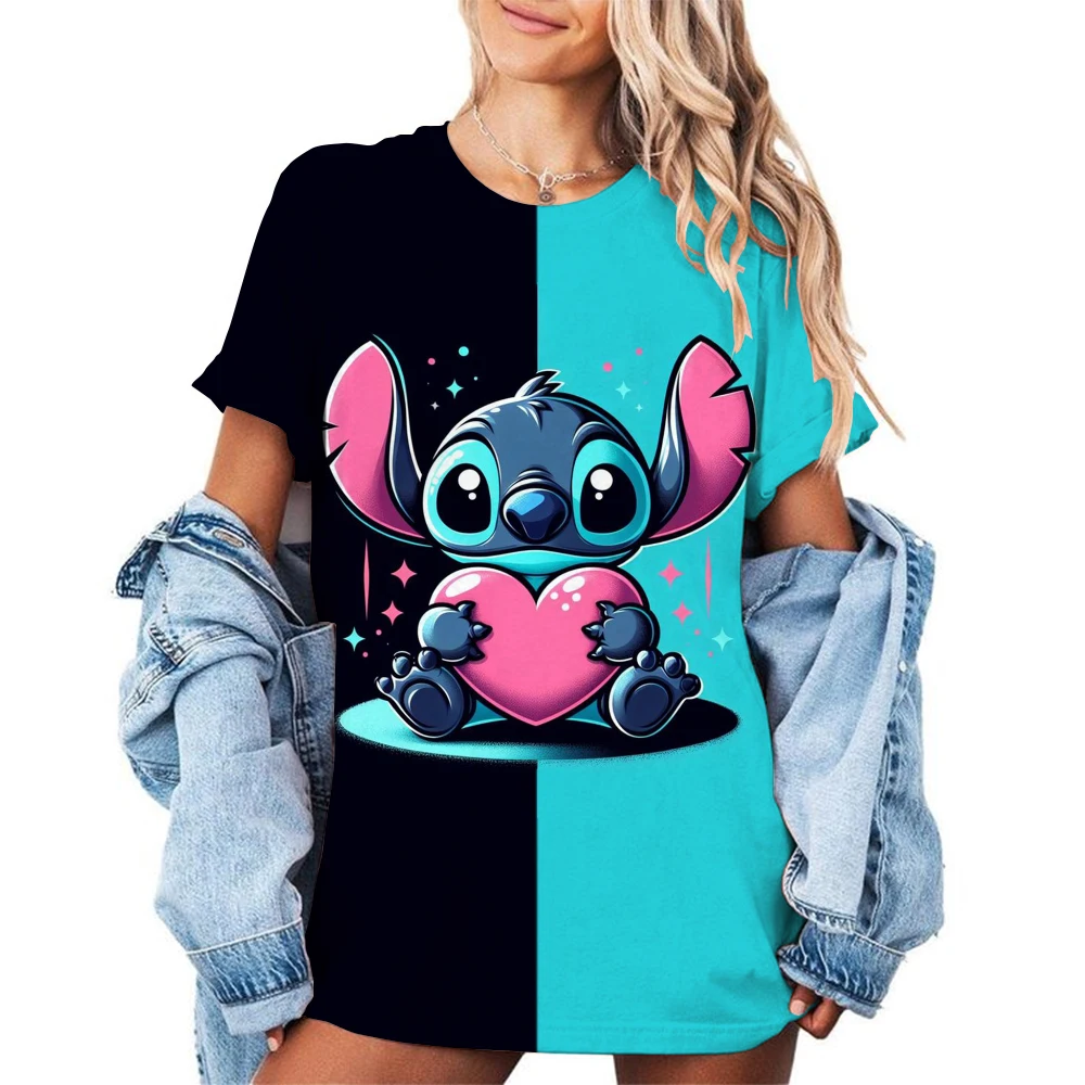 Mickey Mouse Stitch Print T-shirts Tops for Women Lady Summer Children T-shirts Casual O-neck Ohana Stitch Disney T-shirts