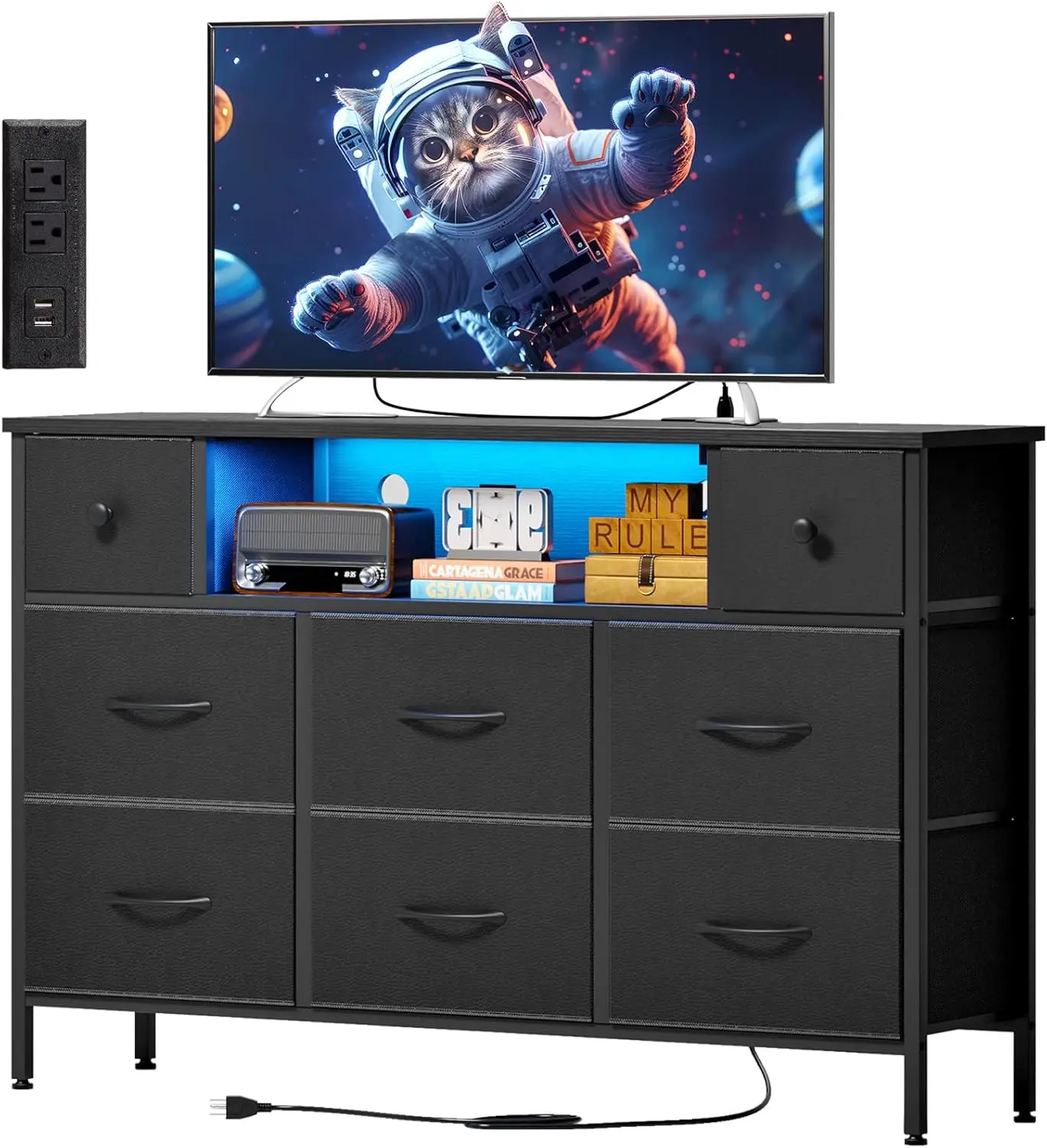 

Dresser for Bedroom with Power Outlets and LED Lights, Black 55" TV Stand with 8 Drawers, Fabric Chest of Drawers with PU Finish