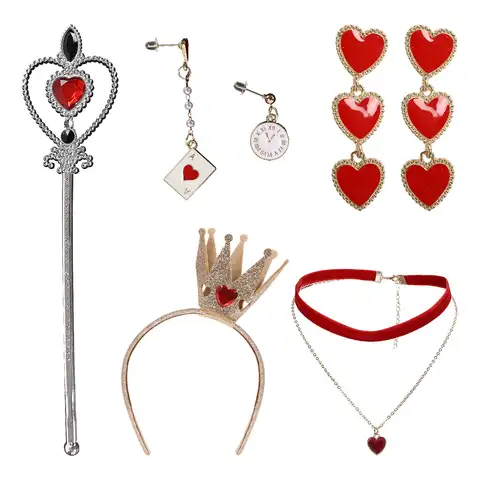 Queen of Hearts Costume for Women Accessories Heart Crown Headband Necklace Scepter Wand Earrings Halloween Cosplay Prop