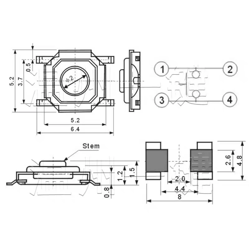 50 stücke 5,2x5,2mm (4*4) H = 1,5/1,6/1,7/2,0/2,5/3,0/4/5/6/7/8/9mm Momentary Metall Tact Push Button Schalter 260GF SMT 4PIN Schlüssel Taste – Detail 2