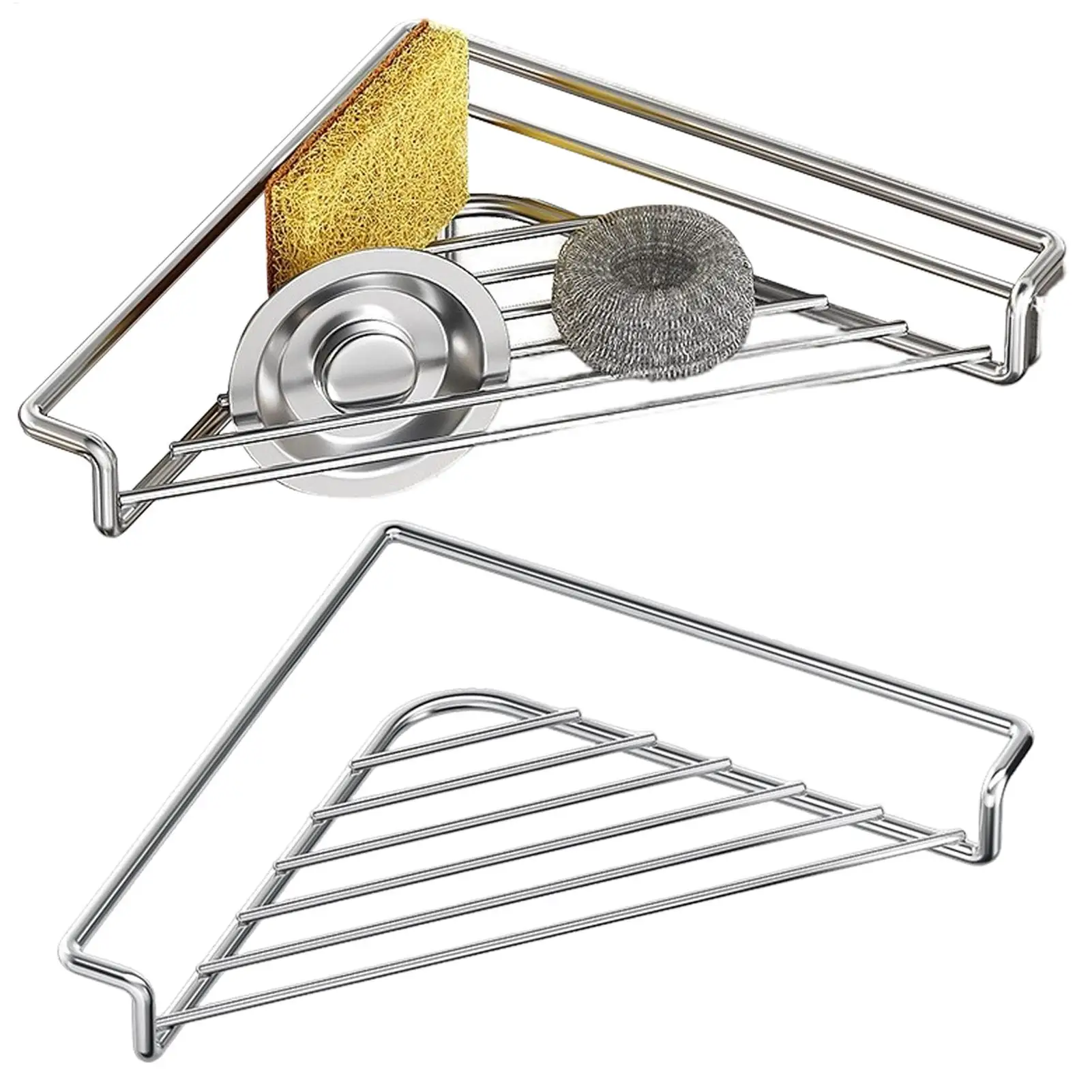 2PCS Triangle Dish Drying Rack Kitchen Sink Organizer Corner Over the Sink Sponge Rag Holder Foldable Stainless Steel Drainer