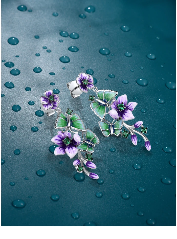 SANTUZZA Ohrstecker aus reinem 925er Sterlingsilber für Damen, lila Blume & Schmetterling, grüner Spinell, edler Schmuck, handgefertigt, Emaille – Detail 1