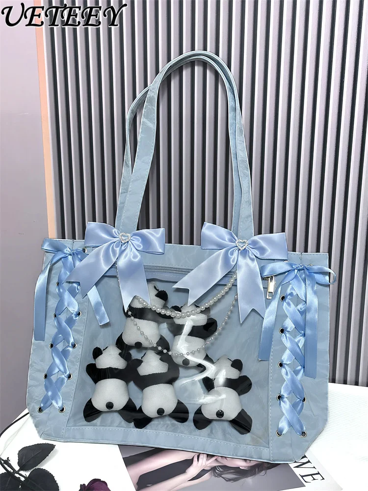 Japanese Style Sweet Girl Versatile Ribbon Bow Cute Handbag Outings Travel Shopping Large Capacity Makeup Bag Shoulder Bags