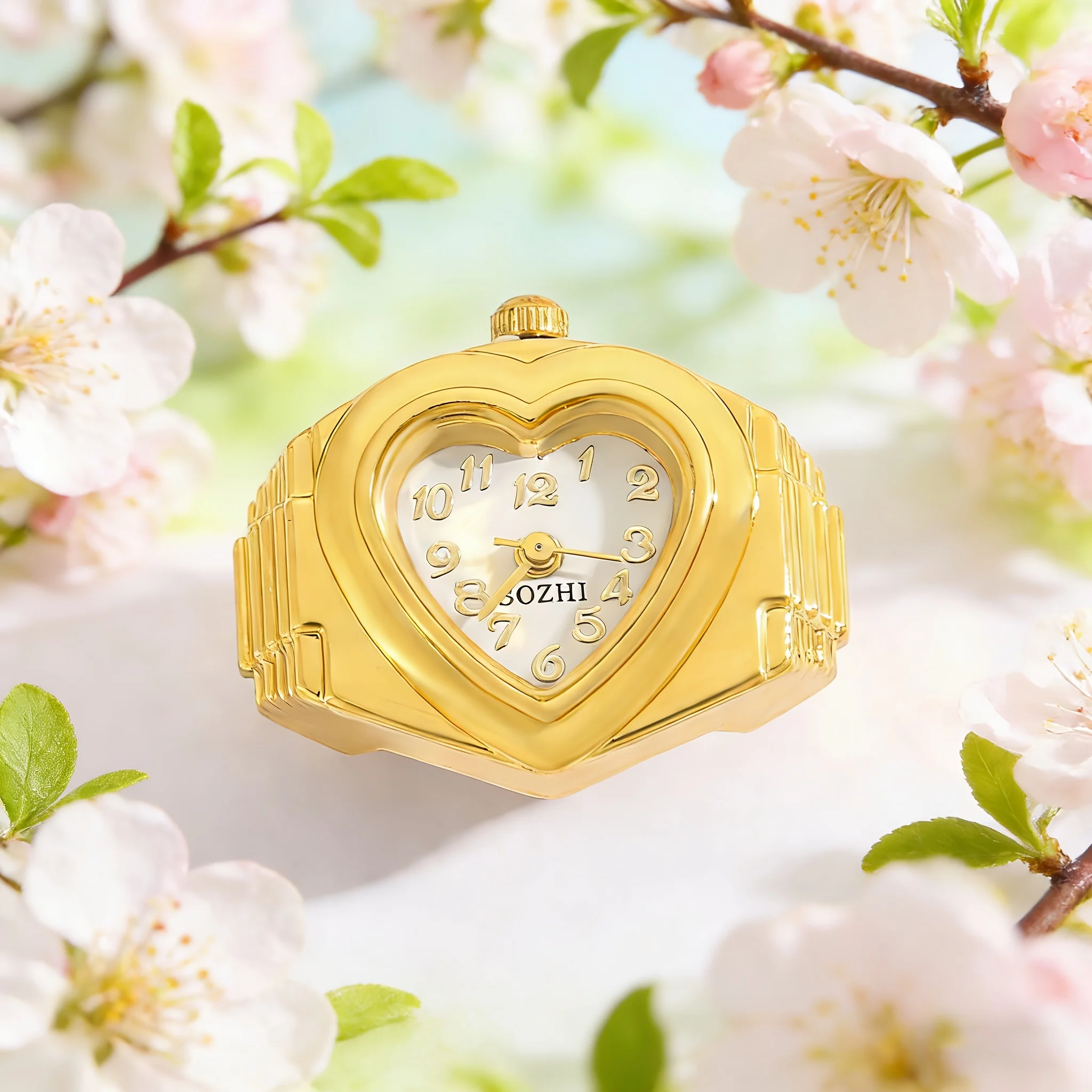 Spring new style heart-shaped dial ring watch, metallic texture, niche and unique finger watch, versatile wristwatch for ladies