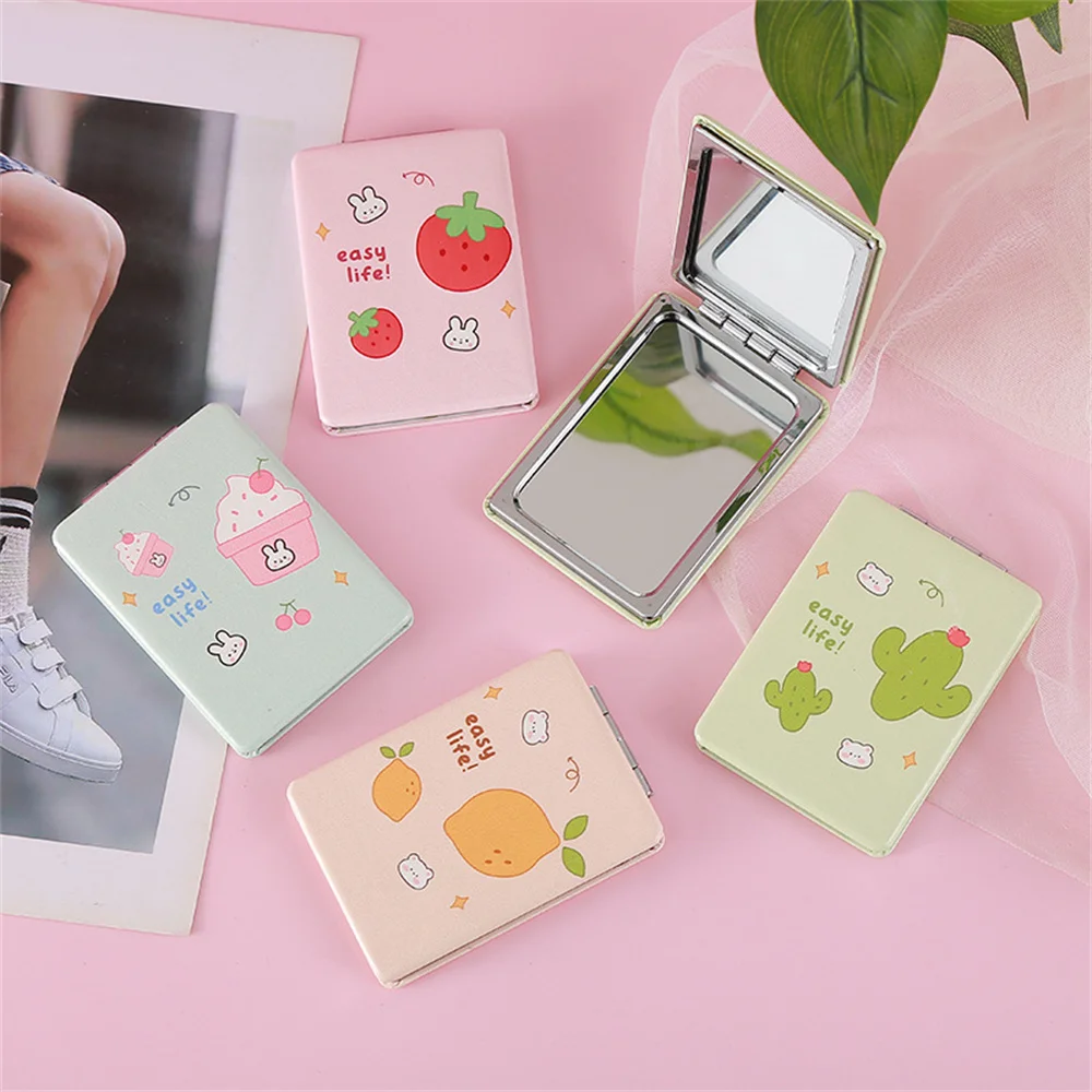 Fruit Shape Makeup Mirror Solid Color Leather Simple Portable Handheld Makeup Mirror Foldable Student Compact Cute Pocket Mirror