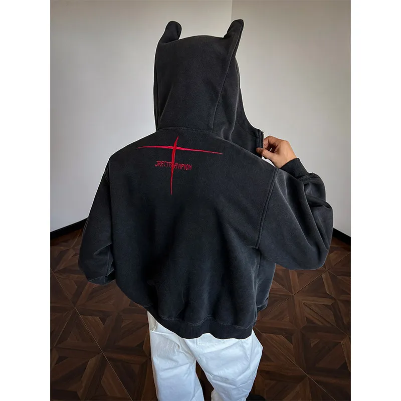 

Американский Sle, тяжелая толстовка с вышивкой крестом, маленькая толстовка с ушками дьявола, мужской кардиган с завышенной талией, выстроенный парный жакет с капюшоном