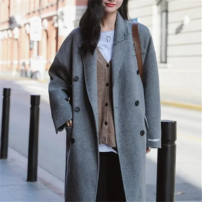 

High-quality thickened double-sided cashmere coat women's high-count Australian hair loose casual double-breasted woolen coat