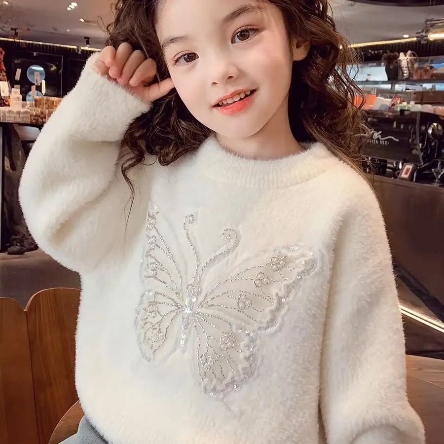 

Winter Thickened Fleece-Lined Knit Sweater Trendy Warm Cozy Fashionable Underlayer Top Girl's Non-Pilling Synthetic Mink