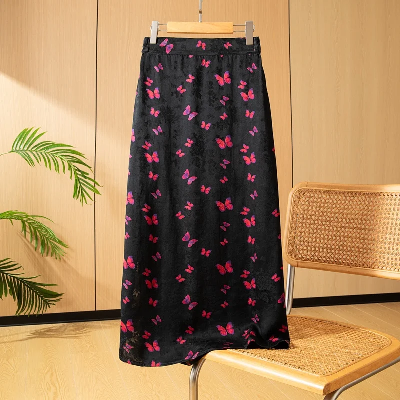 Winsleter- Women 100%Real Silk Watered Gauze Elegant Skirts, Elastic Waist Butterfly, Vintage Chic Skirt, 2025 Spring B4D617CC