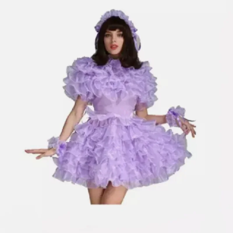 New Sissy Girl Lockable Purple Transparent Fluffy Dress Uniform Role Playing Costume Customization