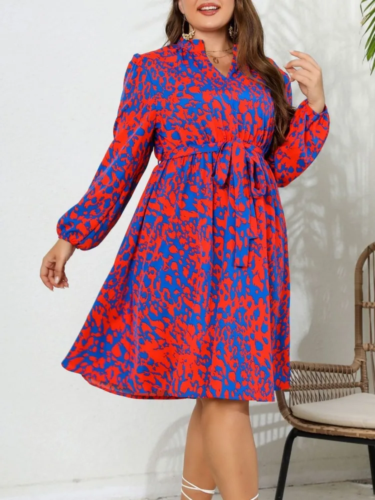 Elegant Casual Women Dress Autumn New Fashion Printed V-Neck Long Sleeve Big Size A-line Dress Cute Clothes Vestidos Mujer