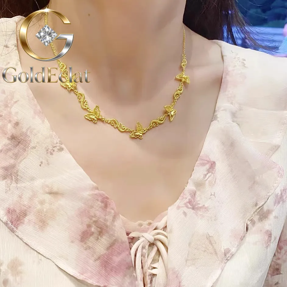 

Ожерелье GoldEclat Luxury из чистого золота 9999 пробы (24K) с подвеской в виде цветка и бабочки, шелковая цепочка с полым узором в виде бабочки, для женщин