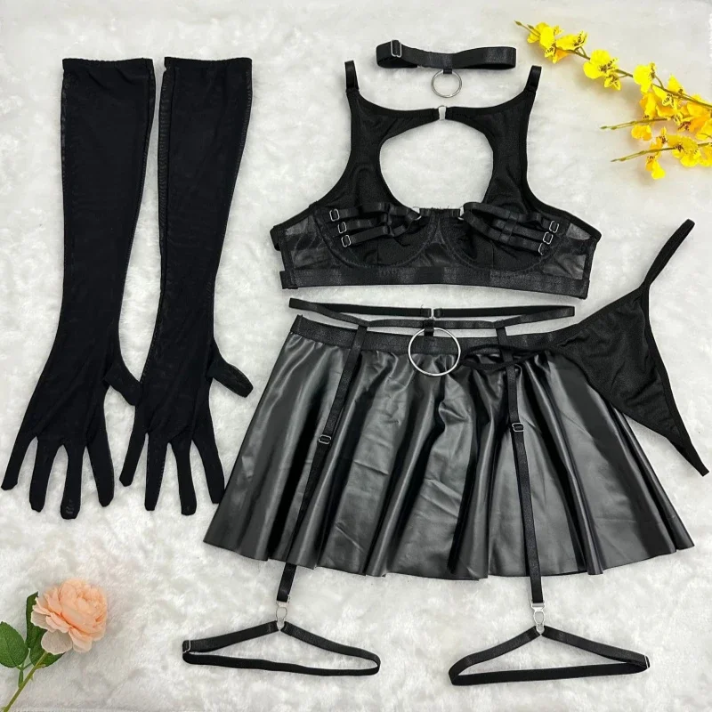 Bikini Sexy Bra Lingerie Set Solid Color Leather Apron Garter Belt Women In Stock