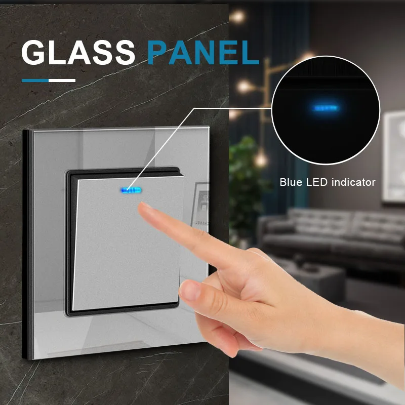 NYWP Luxury Crystal Tempered Glass Panel 1 Gang 2 Way Light Switch On / Off Wall Switch With LED Indicator 16A AC 250V