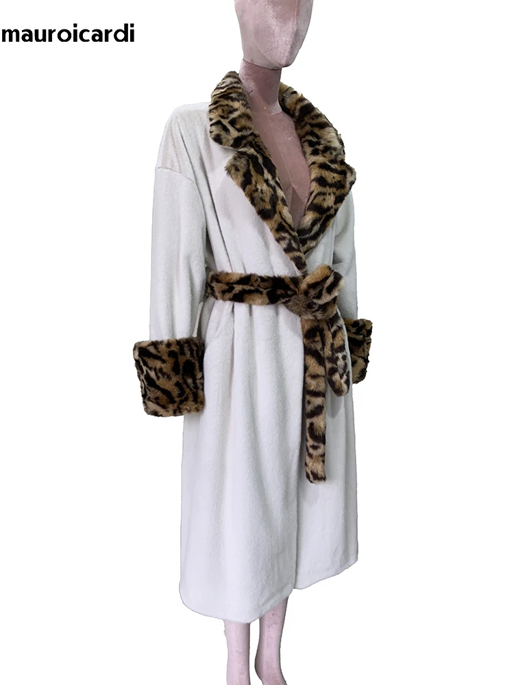 

Mauroicardi Autumn Winter Long Leopard Print Patchwork Faux Mink Fur Coat Women Sashes Loose Elegant Luxury Fluffy Overcoat 2025
