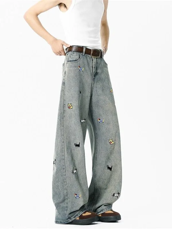 

Retro Washed Casual American Dog Embroidery Wide Leg Jeans Men Women Loose Fit Versatile Loose Leg Long Pants Street Style