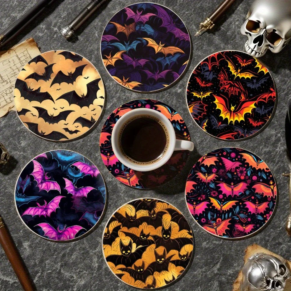 6PCS Halloween Art Decor Coaster Wooden Heat Resistant Coffee Cup Mat Colorful Bat Design Home Parties Bars Decor Best Gift