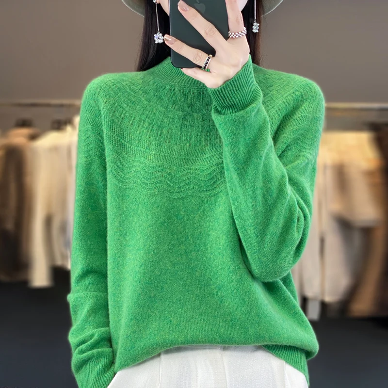 

100% pure woolen sweater women's half turtleneck hollowed-out jacquard solid color pullover base with a knitted sweater under