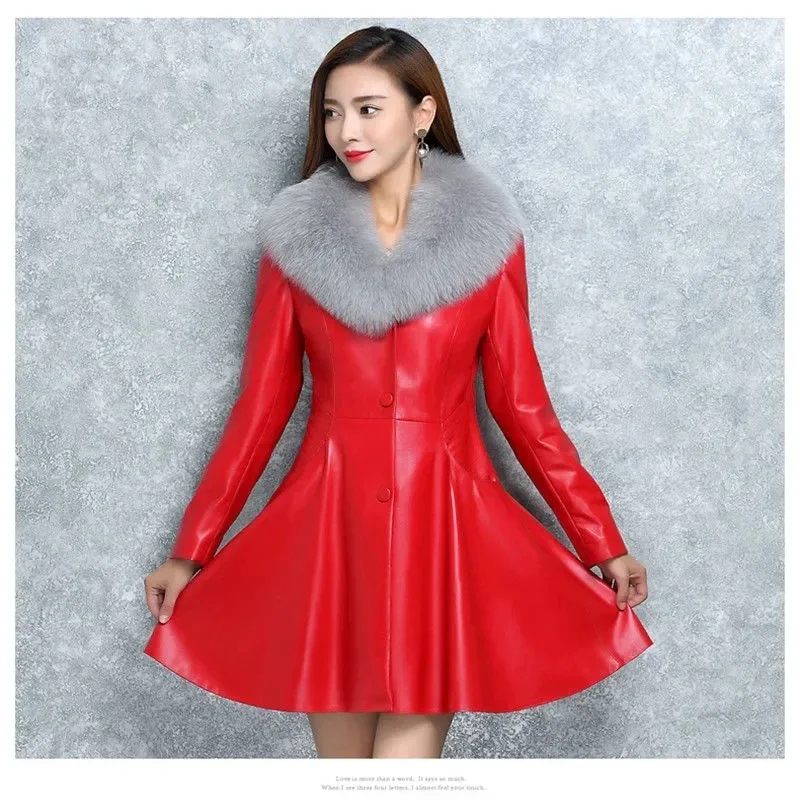 2024 New PU Leather Women's Mid-length Imitated Fox Fur Collar Leather Jacket Warm Cotton Fur Coat Women's Slim Jacket Coat