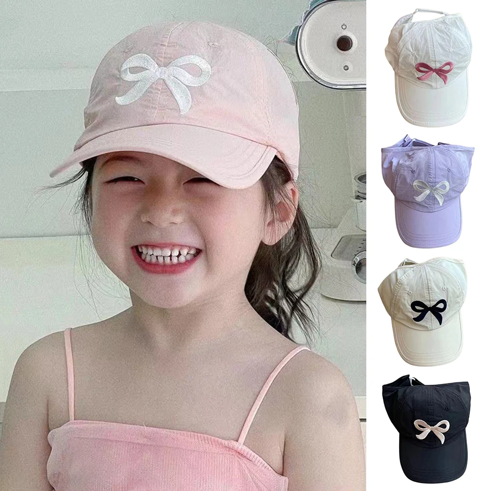 2024 NEW Girls Bow Embroidery Ponytail Baseball Cap Summer Sunscreen Caps Sweet Pink Sun Hat Children Sun Visor Hats Anti-UV Cap