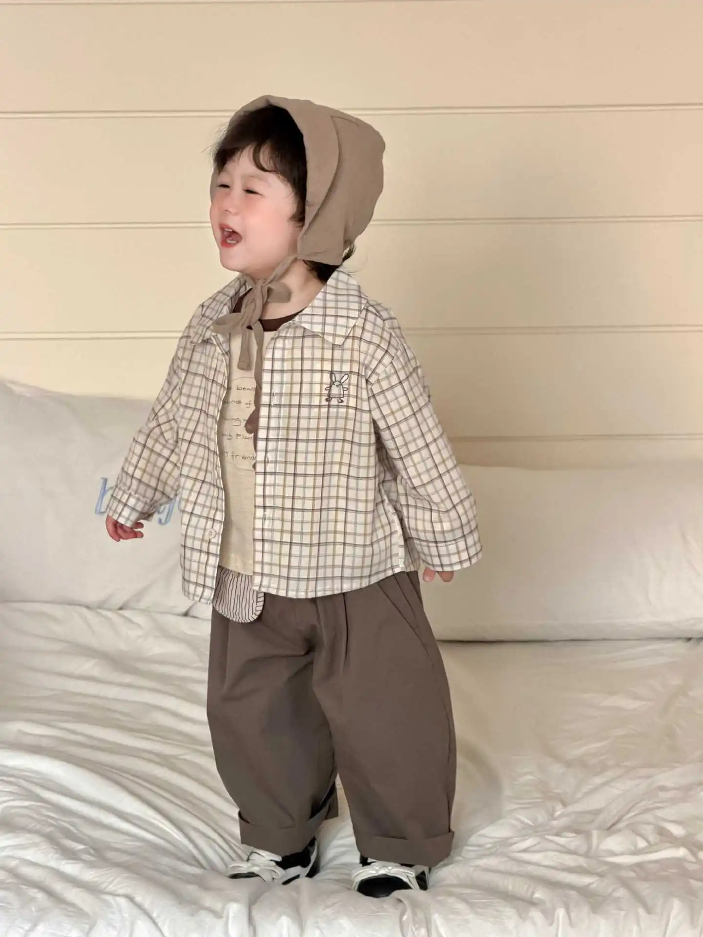 2026 Spring New Baby Long Sleeve Shirts Cotton Boys Vintage Plaid Shirts Infant Girls Casual Lapel Tops Toddler Clothes