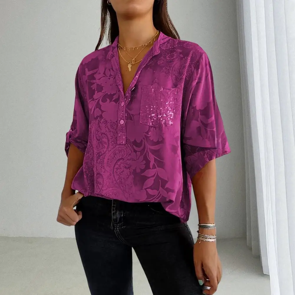 

Summer Casual Shirt Stylish Women's V-neck Lapel Shirt with Sequins Patch Pocket Casual Loose Fit Half Sleeve for Summer