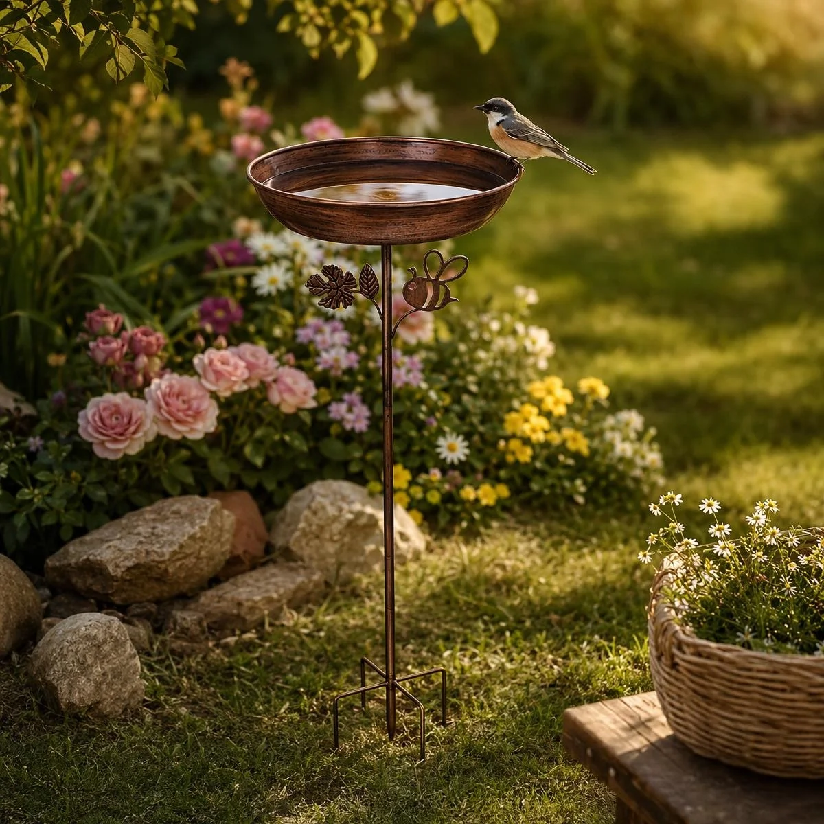 Retro Copper Iron Bird Bath with Bee & Leaf Decor, 76cm Tall Ground Stake Wild Bird Feeder for Outdoor Garden Yard Lawn