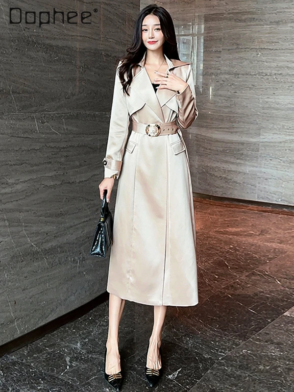 

Высококачественный атласный плащ из ацетата для женщин, тонкий жакет средней длины с отложным воротником и завязками на поясе, элегантный французский светский плащ