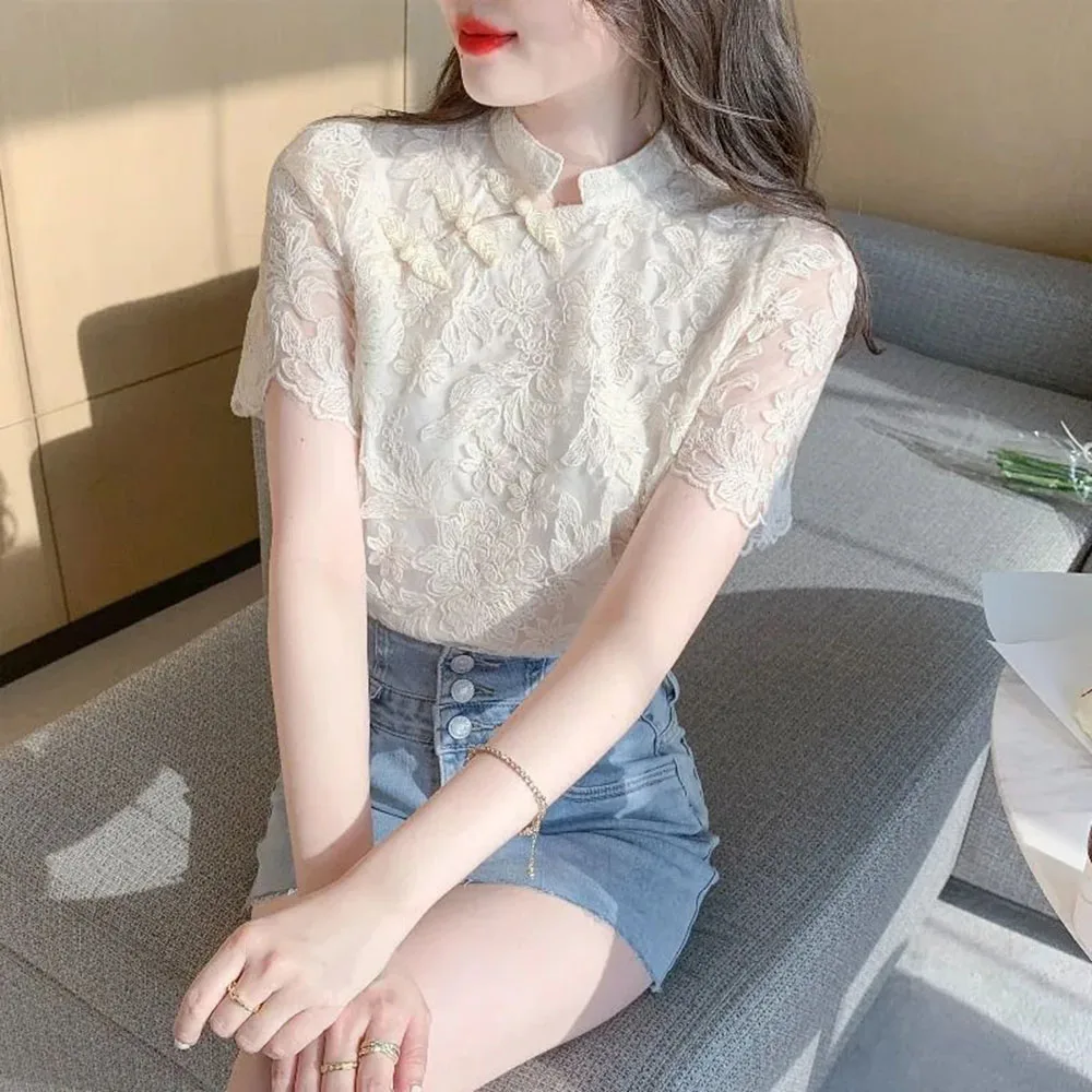 Chinese Style Short Sleeve Lace Buckle Cheongsam Top Women Summer Stand Collar Hollow Out Solid Blouses Ladies Elegant Shirt Top