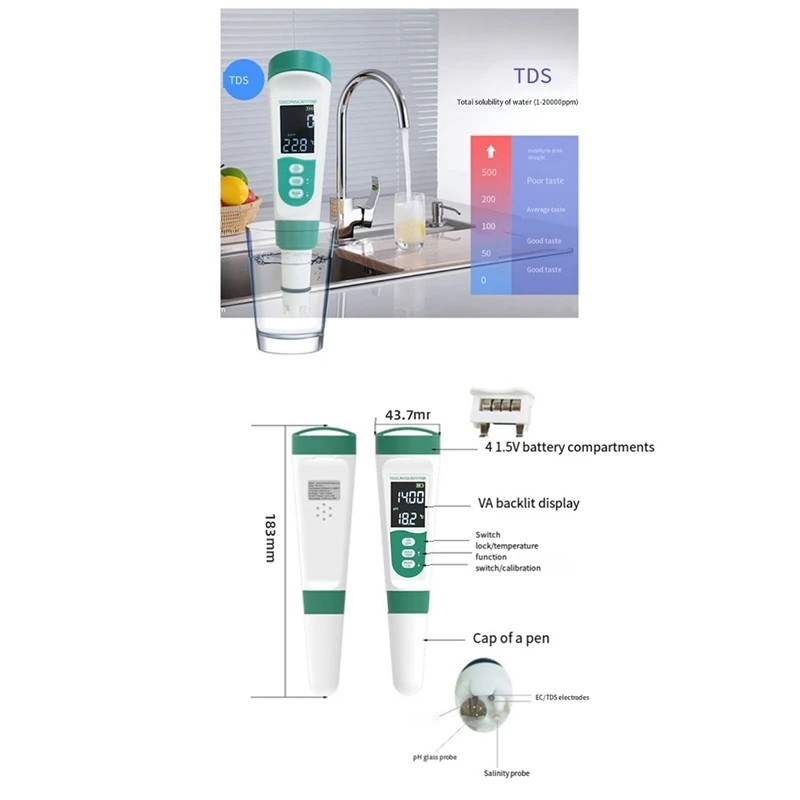 5 In 1 TDS Meter PH Tester PH/TDS/EC/Salt/Temp Tester IP65 impermeabile PPM Meter Tester dell'acqua per acqua potabile durevole