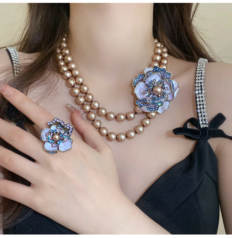 4 Pcs Vintage Pearl Necklace for Women Temperament Rhinestone Flower Chokers Necklaces 2024 New High-end Jewelry Sets Wholesale