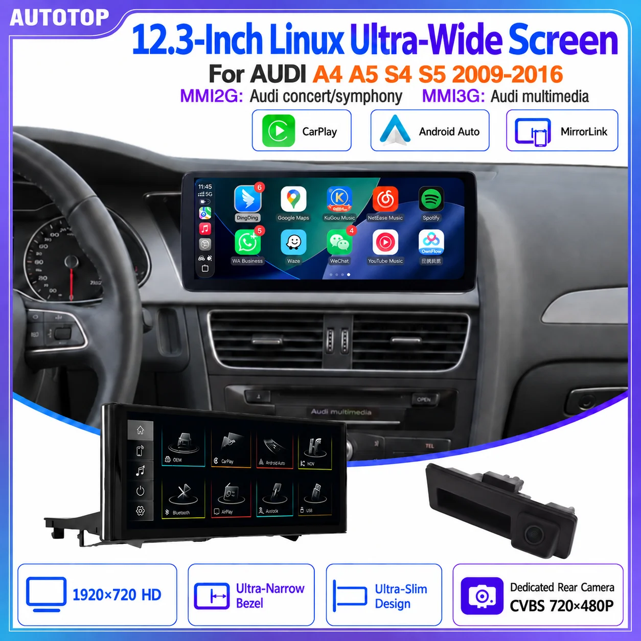 AUTOTOP, schermo multimediale per auto con sistema Linux, display HD da 12,3 pollici e risoluzione 1920x720, compatibile con Audi A4 B8, A5, S4, S5 (2009-2016), MMI 2G Concert Symphony, MMI 3G Audi