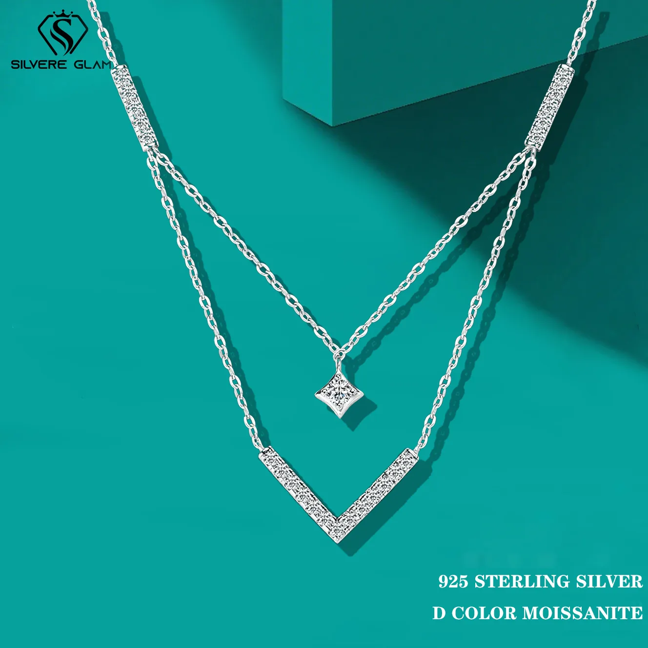 

TY Sparkling 3mm&1.8mm Round Moissanite Necklace 925 Sterling Silver Fashion V-Shape Necklaces for Women Fine Jewelry Gift