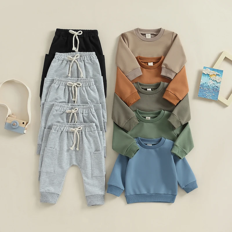 

SUNSIOM 2Pcs Toddler Boys Fall Outfits Solid Color Crew Neck Long Sleeve Sweatshirts and Long Pants Casual Clothes Set