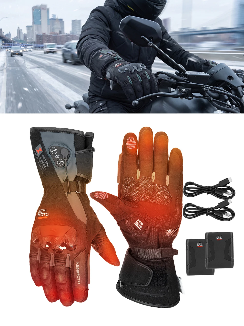 KEMIMOTO Motorrad-Heizhandschuhe Winter Moto-Heizhandschuhe Warme Wasserdichte Wiederaufladbare Heizhandschuhe für Schneemobile