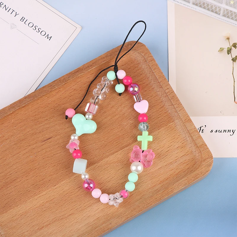 Pink Green Love Heart Mobile Phone Chain Star Bear Pendant Phone Strap Cell Phone Lanyard Camera Chains Keychain Bag Decor Gifts