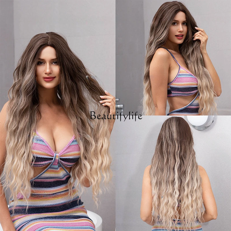 

European and American wigs, natural gradual change brown multi-color long curly hair big waves without bangs