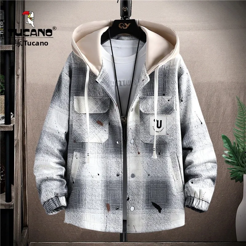 

Мужская куртка TUCANO в клетку с капюшоном, свободного кроя, весна-осень, повседневная, в гонконгском стиле, с длинными рукавами, на пуговицах