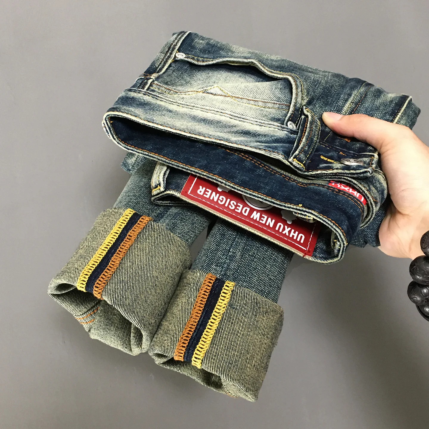 

Высококачественные осенне-зимние тяжелые эластичные джинсы для мужчин, потертые потертые прямые брюки в американском стиле ретро